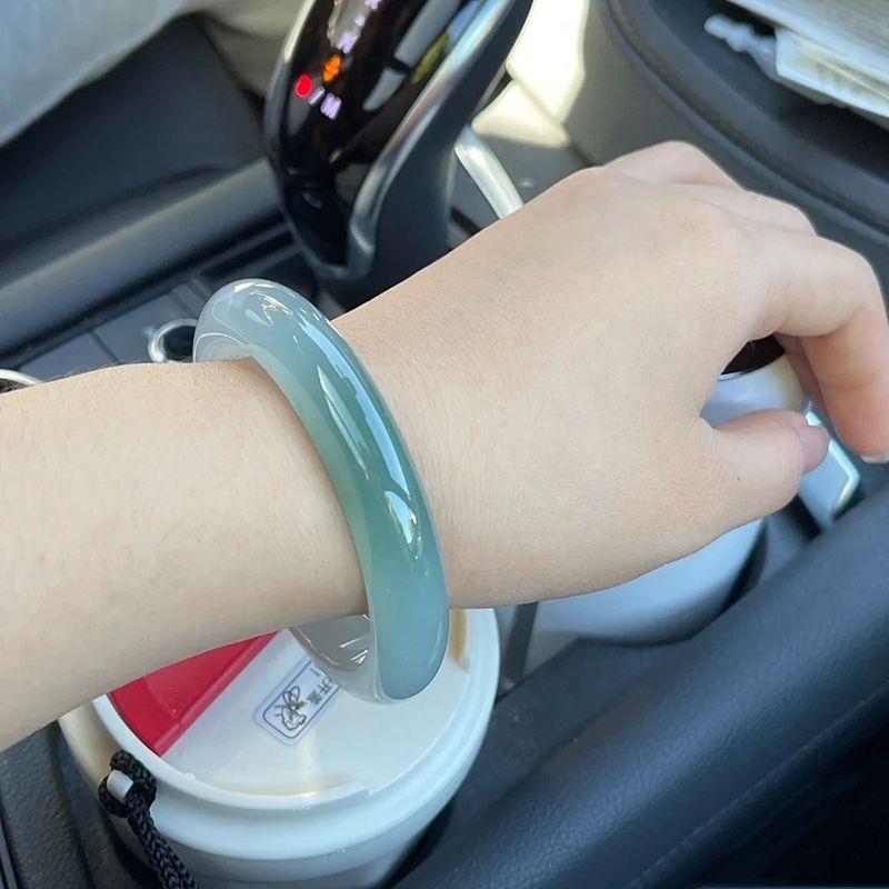 缅甸翡翠手镯女冰种晴水飘花正圈冰糯种圆条手镯细女款玉镯子送礼