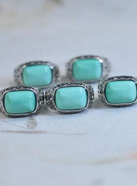 原矿天然玉石绿松石镶嵌戒指指环方形蛋形网花饰品男女款清仓甩卖