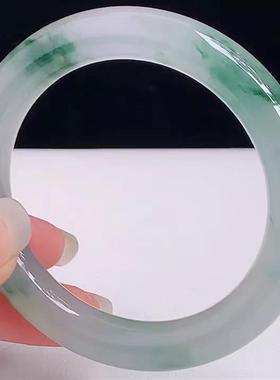 缅甸货飘花高冰冰透玻璃种圆条冰种浅绿色手镯女款高级感玉镯子