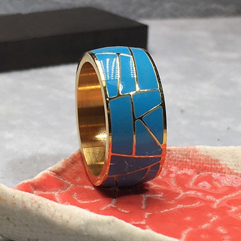 吉祥】湖北高瓷蓝色绿松石男子戒指表面925纯银镶嵌覆古戒指戒指