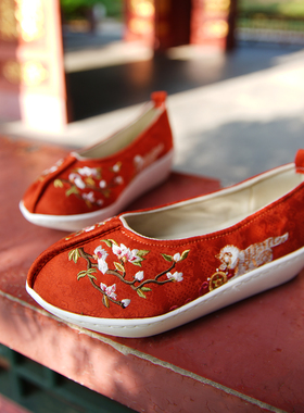 乌衣巷登云履明制汉服鞋女红色狸奴古风绣花鞋厚底增高布鞋