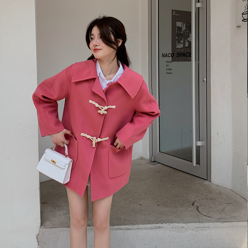 粉色娃娃领牛角扣双面羊绒大衣女2023秋冬新款今年流行高端呢外套，女装毛呢外套，浙宝092