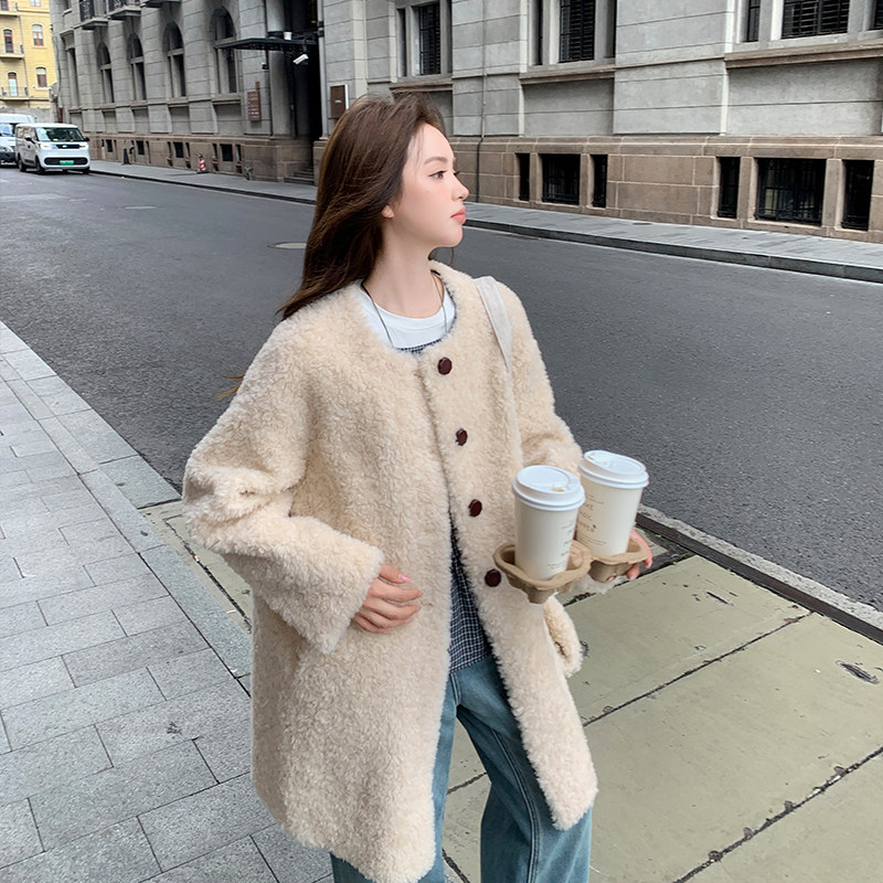 现货092-2550中长款杏色羊羔毛P215控318,女装短外套,浙宝092