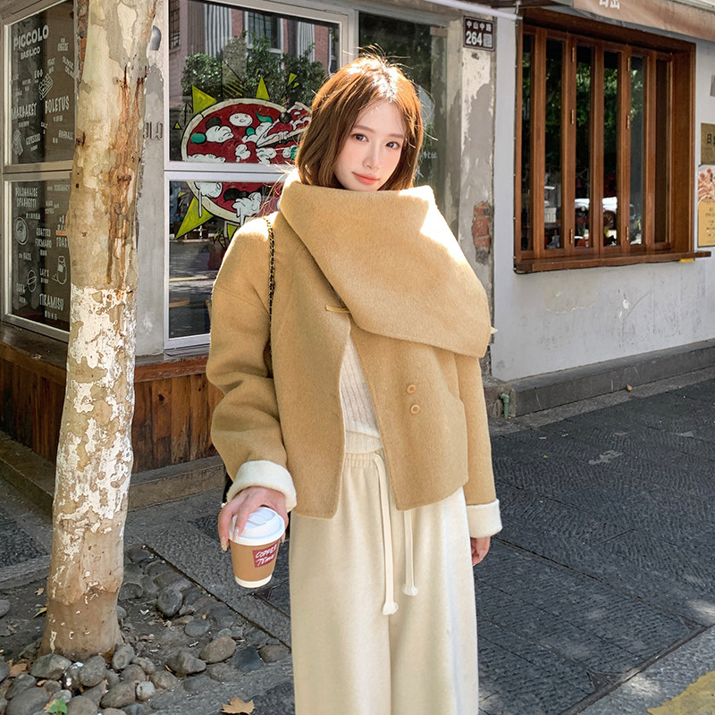 韩系气质黄色双面呢短外套女秋冬季新款轻奢高级感瘦洋气呢大衣,女装毛呢外套,浙宝092