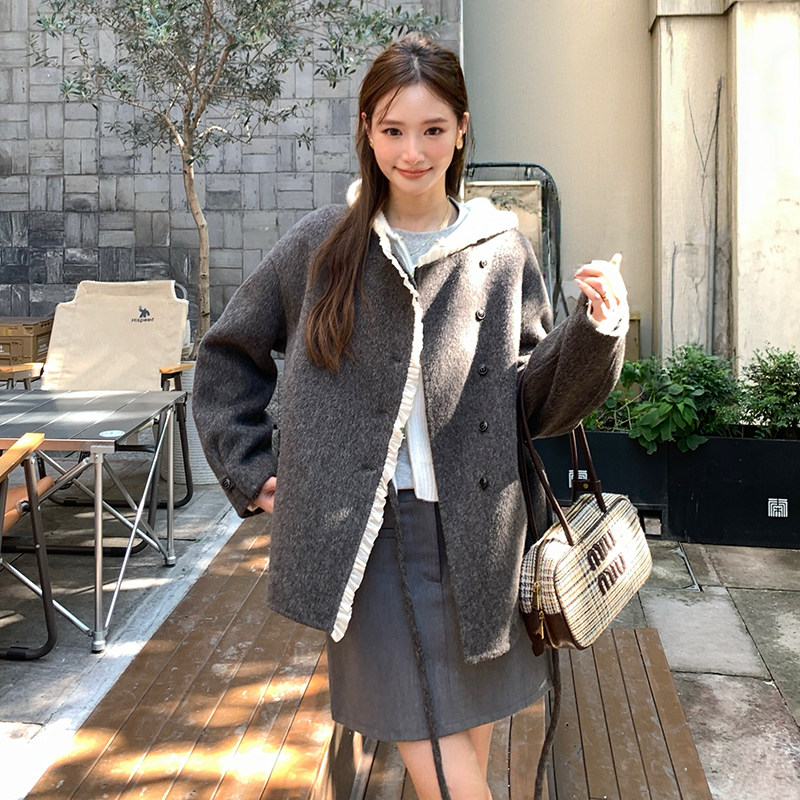 灰色花边拼接短款毛呢外套女2025冬季新款双面呢大衣小个子气质,女装毛呢外套,浙宝092