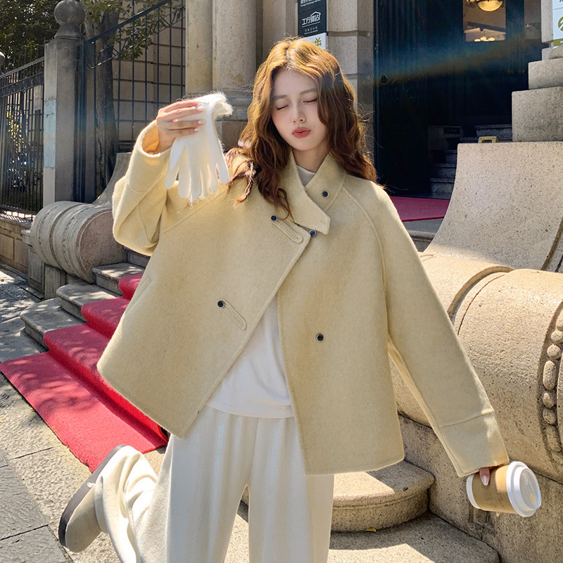 奶黄色甜美风双面呢羊毛外套大衣女秋冬2025新款短款小个子温柔风,女装毛呢外套,浙宝092