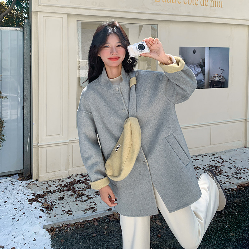 雾霾蓝高级感双面羊毛大衣女2025冬新款韩系巨好看小个子毛呢外套,女装毛呢外套,浙宝092
