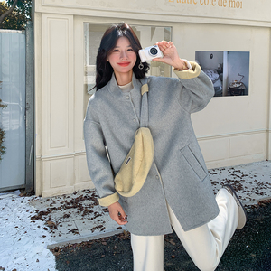 雾霾蓝高级感双面羊毛大衣女2025冬新款韩系巨好看小个子毛呢外套图片