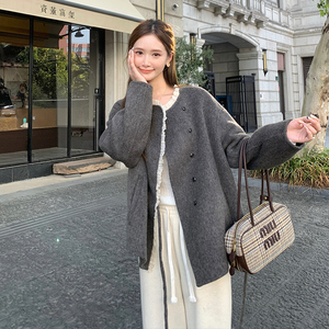 灰色花边拼接短款毛呢外套女2025冬季新款双面呢大衣小个子气质图片