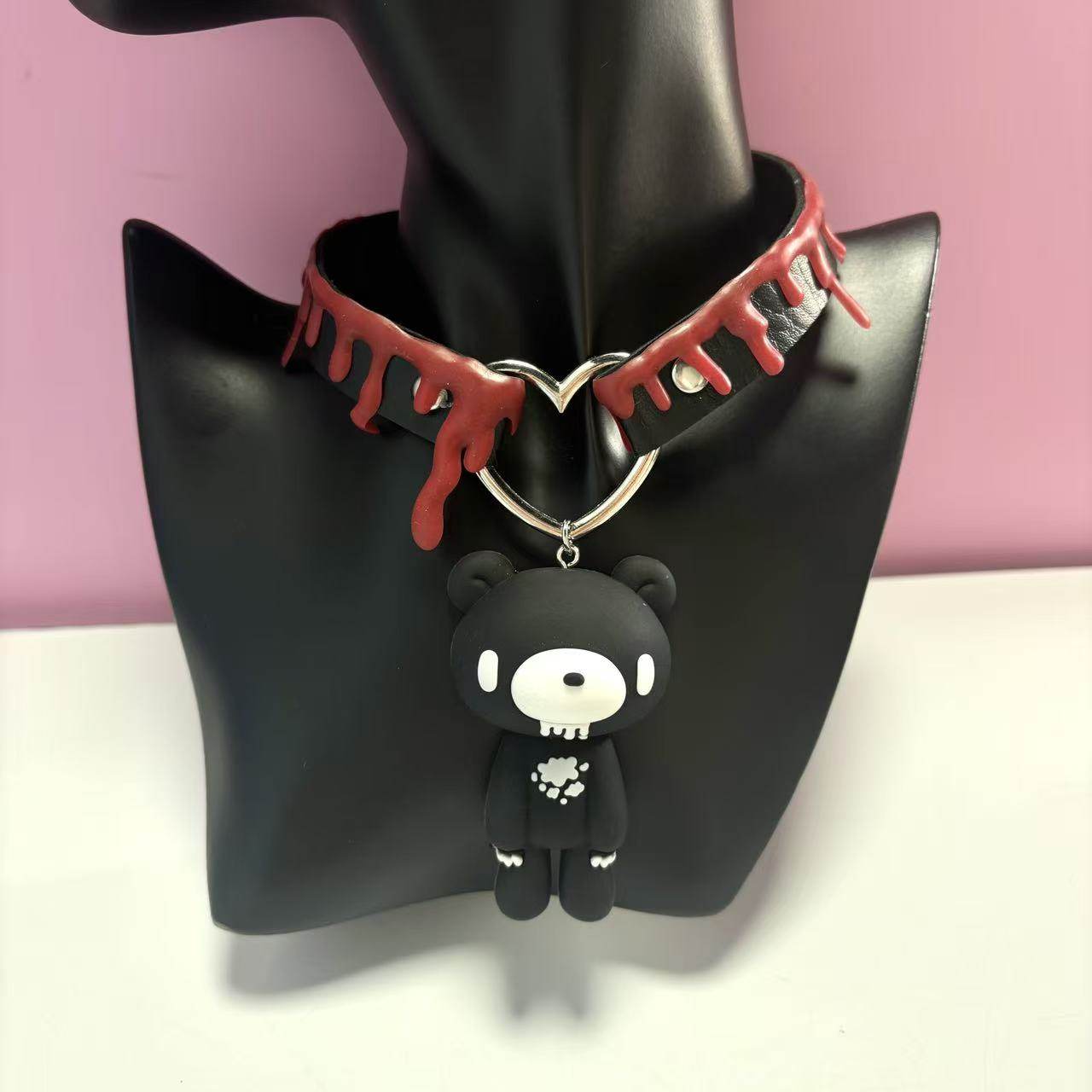 暴力熊Gloomy Bear公仔哥特风粉色黑色血滴皮项链颈链