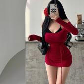 褶皱系带收腰T恤上衣套装 YoungGirlDay 纯欲性感内搭吊带文胸长袖