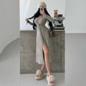 YoungGirlDay 纯欲风V领单排扣扭结收腰显瘦坑条针织中长款 连衣裙