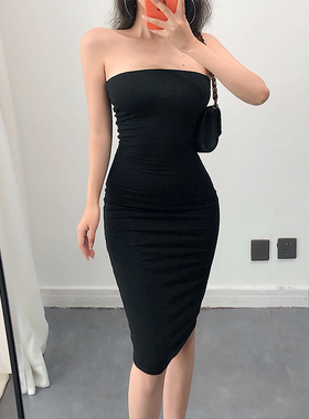 YoungGirlDay 欧美风性感一字领紧身显瘦双层抹胸包臀打底连衣裙