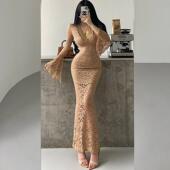 显瘦蕾丝镂空长袖 YoungGirlDay 纯欲风性感深V修身 包臀连衣裙长裙