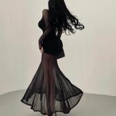 YoungGirlDay步步生莲纯欲风网纱拼接褶皱收腰包臀鱼尾连衣裙长裙