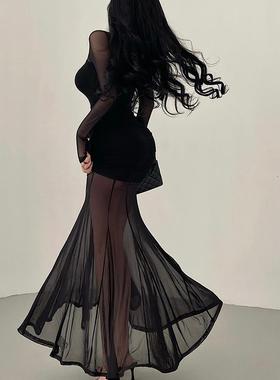 YoungGirlDay步步生莲纯欲风网纱拼接褶皱收腰包臀鱼尾连衣裙长裙