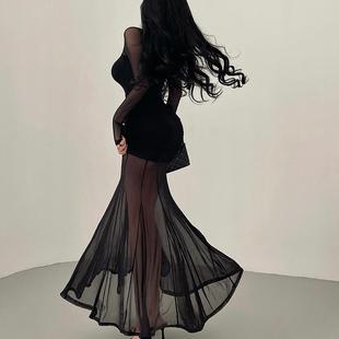 YoungGirlDay步步生莲纯欲风网纱拼接褶皱收腰包臀鱼尾连衣裙长裙