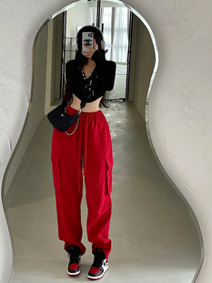 YoungGirlDay欧美风街头高腰显瘦抽绳束脚大口袋运动休闲卫裤 长裤