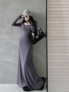 打底连衣裙拖地长裙 显瘦包臀长袖 YoungGirlDay 卡戴珊性感U领修身