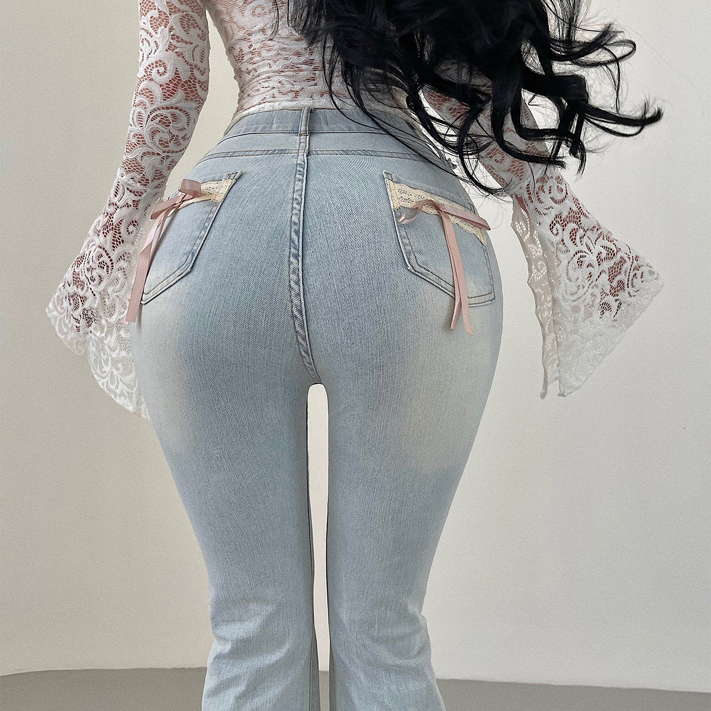 YoungGirlDay韩漫辣妹高腰后口袋蝴蝶结喇叭显腿长牛仔裤拖地长裤