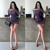 YoungGirlDay御姐纯欲性感一字肩蕾丝镂空长袖 打底包臀连衣裙短裙