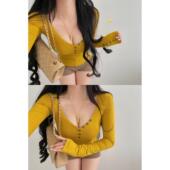 YoungGirlDay纯欲辣妹性感大V领纽扣装 T恤上衣 饰修身 收腰显瘦长袖