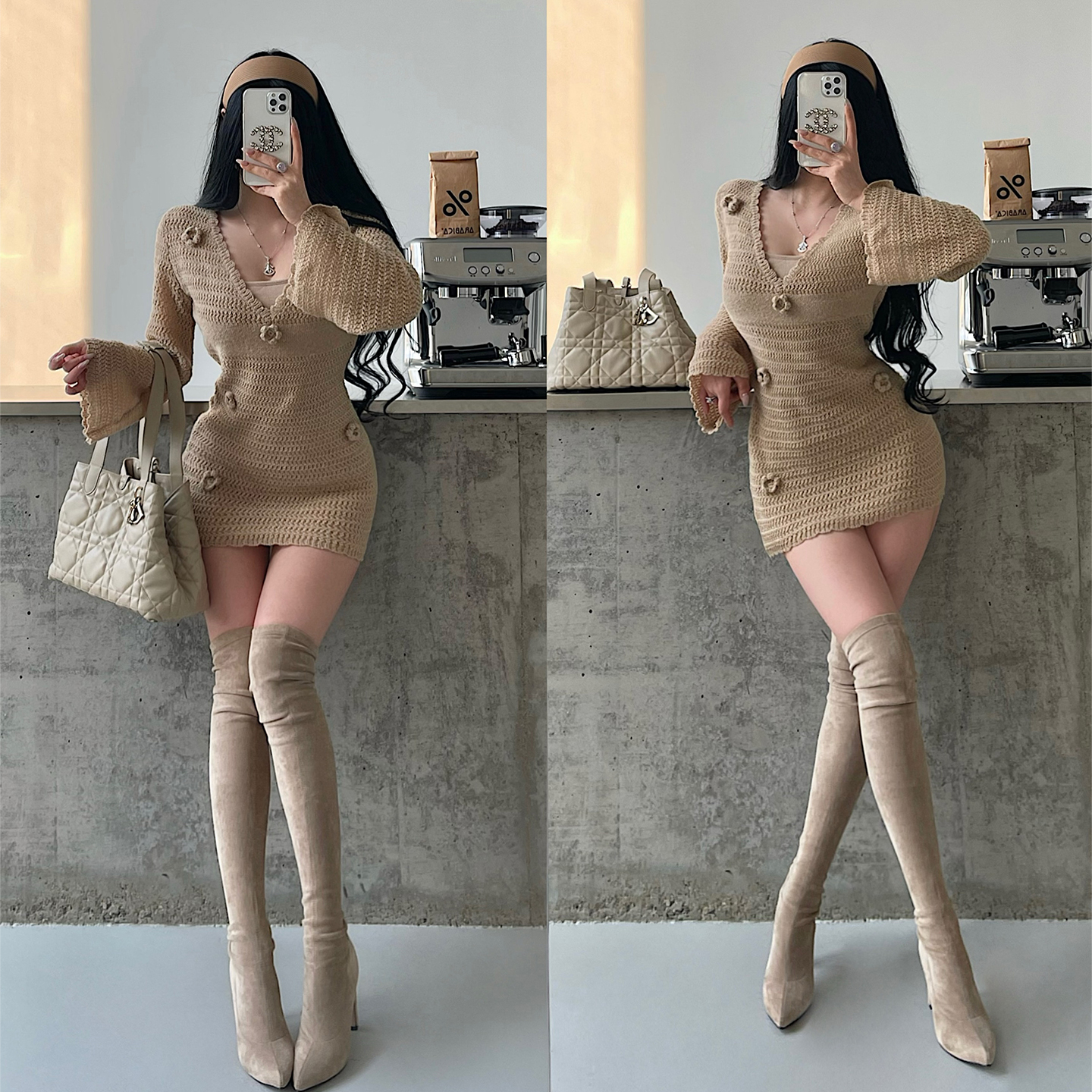 温柔性感立体花朵针织包臀连衣裙