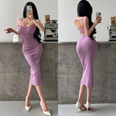 YoungGirlDay纯欲性感镂空露背修身 显瘦针织包臀中长款 吊带连衣裙