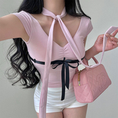 YoungGirlDay纯欲甜妹性感V领修身 系脖飘带蝴蝶结系带短袖 T恤上衣