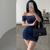 显瘦蕾丝拼接短袖 YoungGirlDay 纯欲氛围感性感一字肩修身 T恤上衣