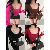 打底衫 YoungGirlDay 纯欲风性感不规则领口紧身含胸垫长袖 T恤上衣