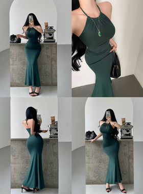 YoungGirlDay御姐纯欲风性感褶皱收腰紧身包臀鱼尾挂脖连衣裙长裙