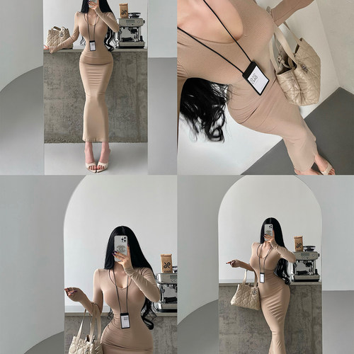 性感V领收腰显瘦长袖包臀连衣裙
