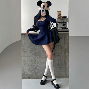 YoungGirlDay纯欲芭蕾风U领修身 连衣裙短裙 显瘦A字褶皱裙摆长袖