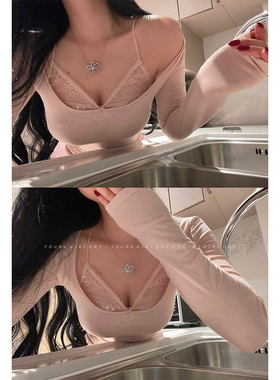 YoungGirlDay 纯欲氛围感性感假两件蕾丝拼接吊带长袖打底T恤上衣
