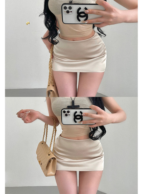 YoungGirlDay御姐纯欲性感低腰带安全裤防走光缎面包臀半身裙短裙