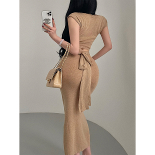 YoungGirlDay纯欲风性感系带收腰显瘦腰部镂空针织包臀连衣裙长裙