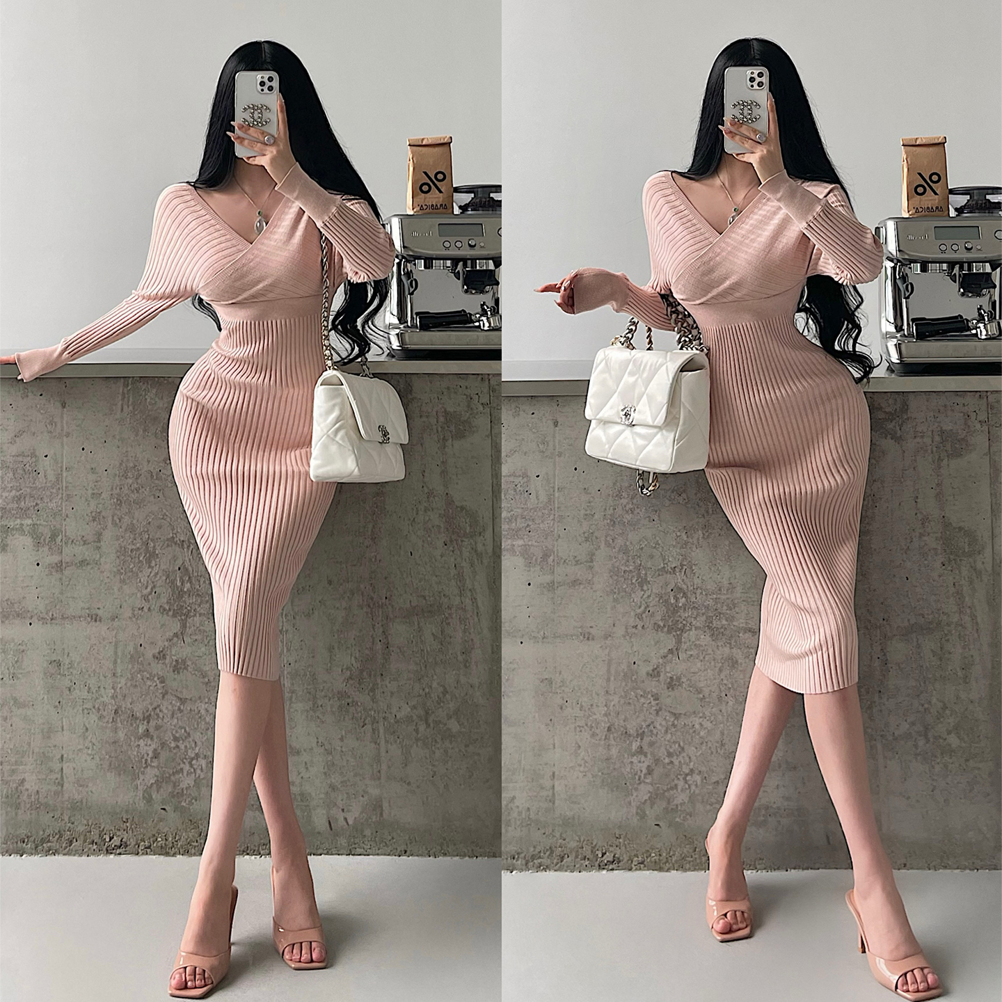 V领收腰针织包臀中长款连衣裙