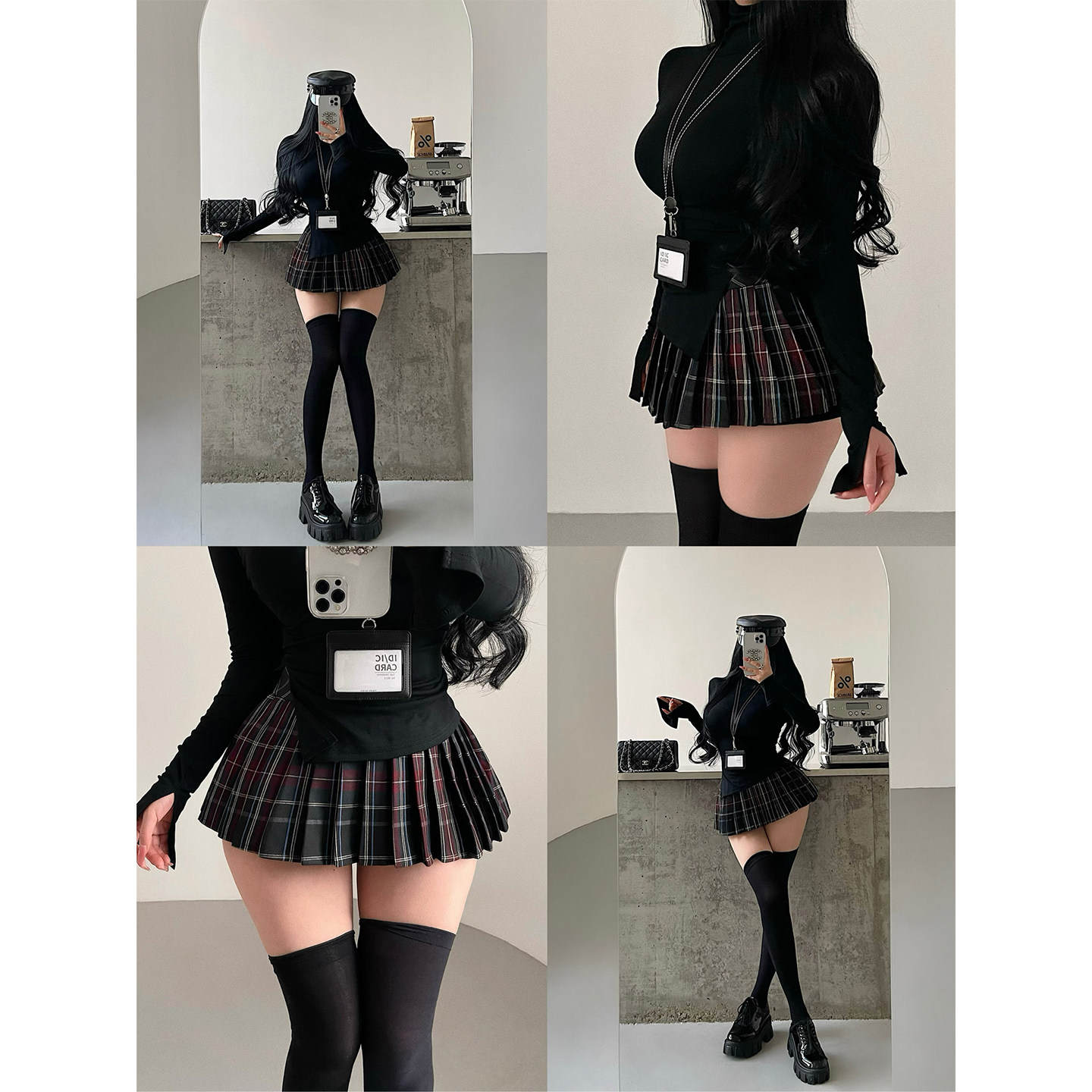 YoungGirlDay 纯欲风性感高领长袖T恤上衣高腰格纹百褶裙短裙套装,女装/女士精品,时尚套装,淘宝优惠券,粉丝福利购,淘宝优惠卷