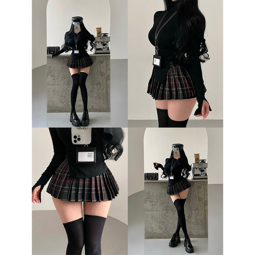 高领长袖T恤格纹百褶裙短裙套装