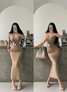 YoungGirlDay 卡戴珊性感V领修身收腰显瘦短袖打底包臀连衣裙长裙