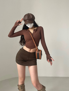 T恤上衣 露脐长袖 YoungGirlDay纯欲性感圆领修身 显瘦弧形下摆短款