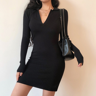 YoungGirlDay欧美风长袖 显瘦包臀性感打底连衣裙 针织V领修身