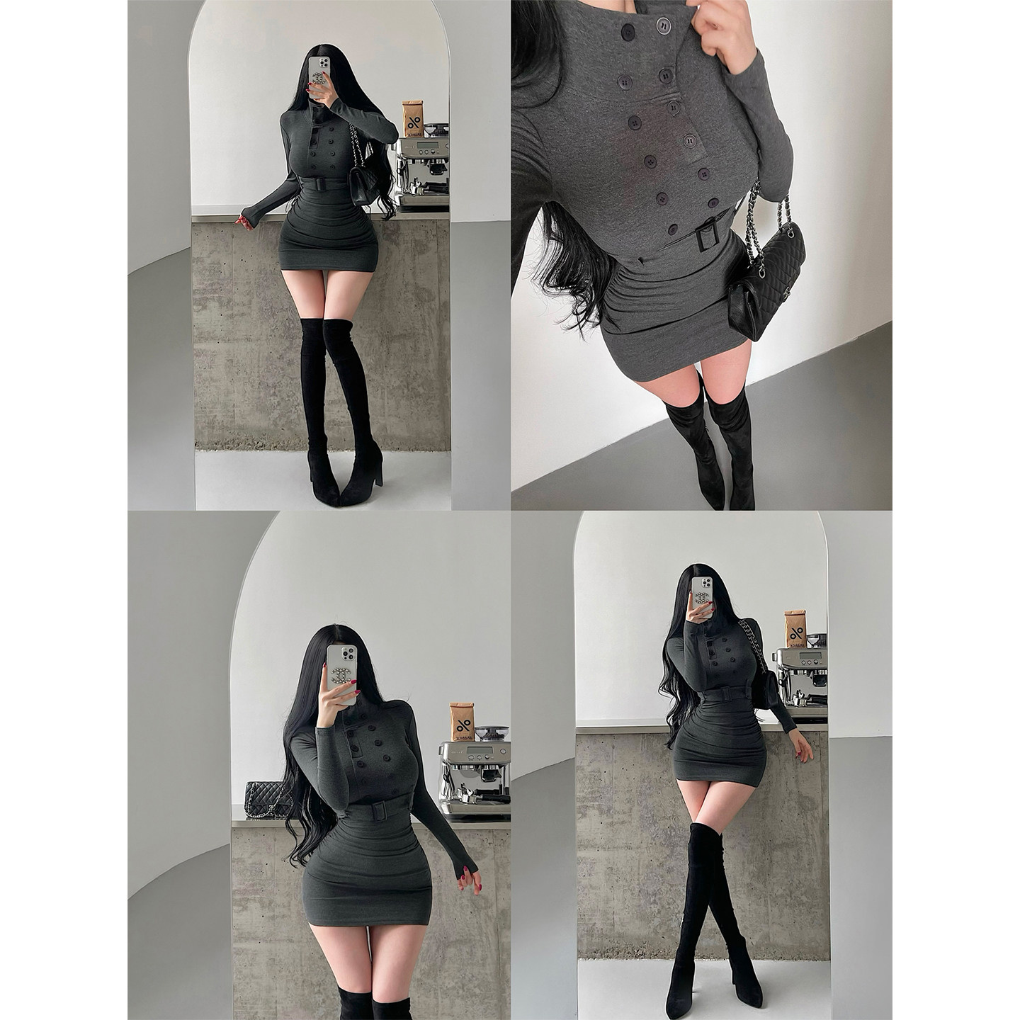 YoungGirlDay轻熟御姐性感立领双排扣褶皱收腰抓绒包臀连衣裙短裙