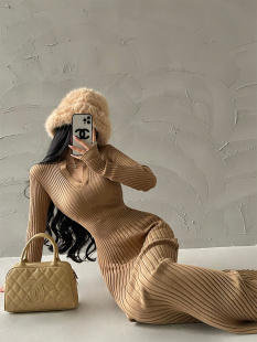 坑条针织包臀连衣裙长裙 显瘦长袖 YoungGirlDay 纯欲风性感V领修身