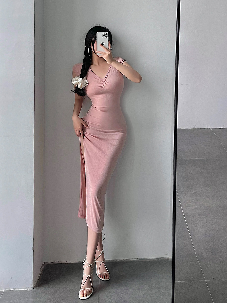 YoungGirlDay纯欲性感V领褶皱紧身显瘦中长款开叉包臀短袖连衣裙
