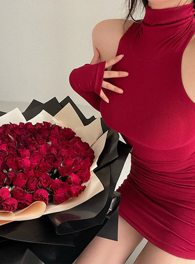 YoungGirlDay纯欲风性感高领紧身显瘦袖套褶皱打底连衣裙包臀短裙