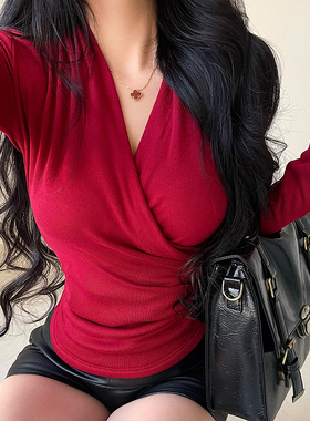 YoungGirlDay纯欲性感V领修身显瘦褶皱收腰加绒打底衫长袖T恤上衣