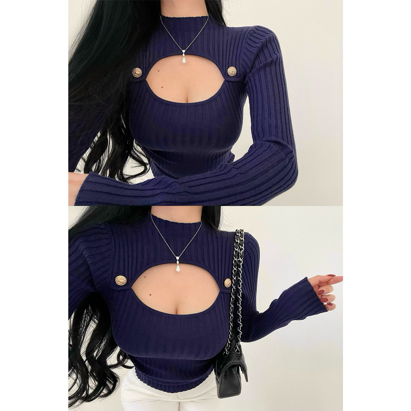 YoungGirlDay纯欲性感胸前镂空修身显瘦小高领长袖打底针织衫上衣