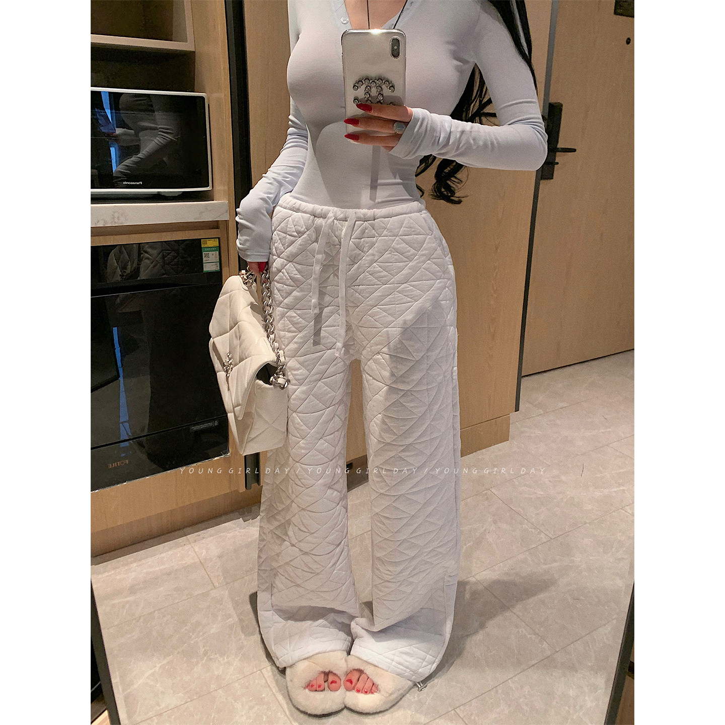 YoungGirlDay美式高腰抽绳束脚菱格夹棉保暖阔腿休闲卫裤拖地长裤,女装/女士精品,休闲裤,淘宝优惠券,粉丝福利购,淘宝优惠卷